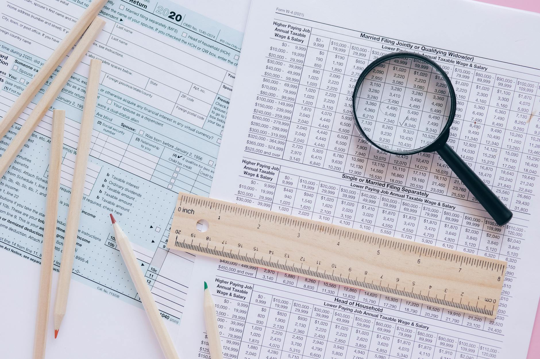 A high angle view showing IRS tax forms with pencils, ruler, and magnifying glass for financial planning.