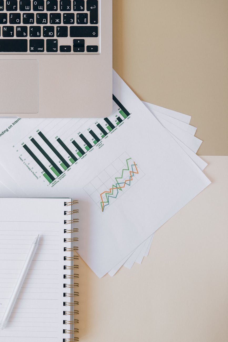 Flat lay of a workspace featuring a laptop, graphs, and a notebook for financial analysis.